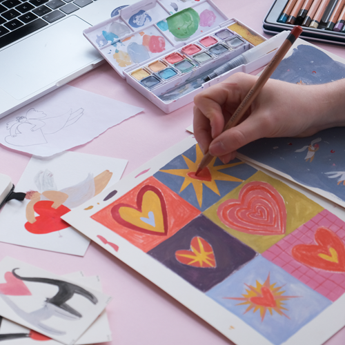 Colouring in Valentine's Day card design with Lightfast pencils