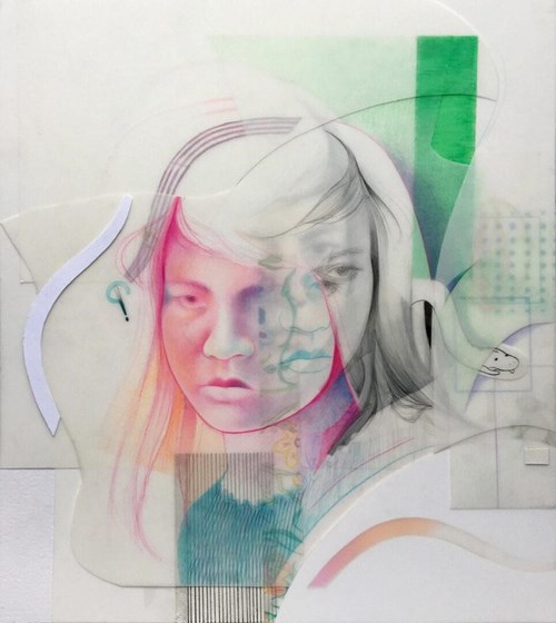Abstract portrait of female with various design elements and colours