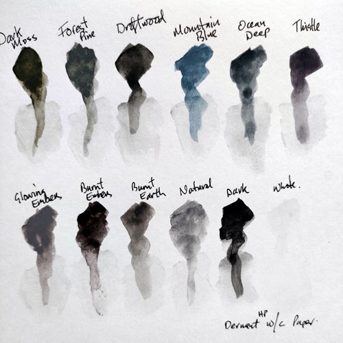 Paint swatches of tinted charcoal paint pan set on smooth white paper