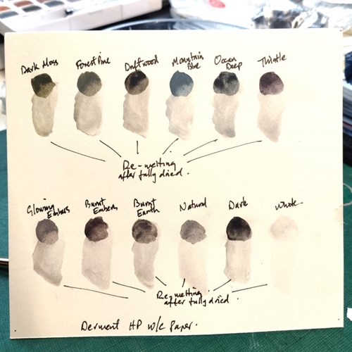 Paint swatches of tinted charcoal paint pan set with softened edges after being rewetted