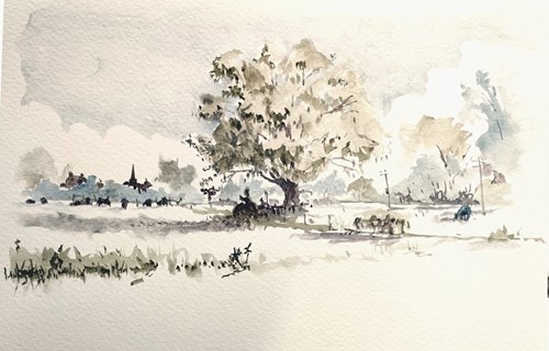 Landscape artwork of Suffolk water meadowscapes created with tinted charcoal paint pan set