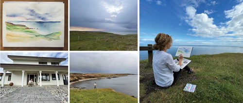 Abby painting in Reykjarholl and artwork of landscape