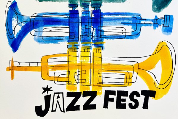 Painted poster with blue and yellow trumpets and the words Jazz Fest